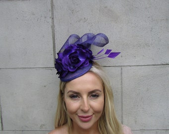 Purple Sinamay Rose Flower Feather Pillbox Hat Fascinator Races Hair Wedding Cadbury Purple 0999j