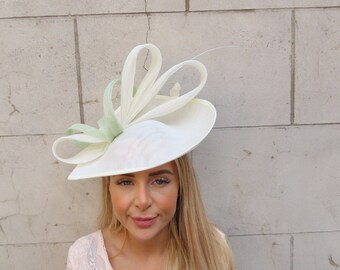 Large Cream Light Mint Green Fascinator Hat Big Teardrop Hatinator Wedding Guest Races Headpiece Hairband u12403
