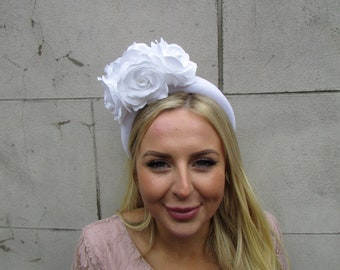 White Rose Flower Velvet Padded Headband Fascinator Headpiece Wedding Races Hairband Halo f-3
