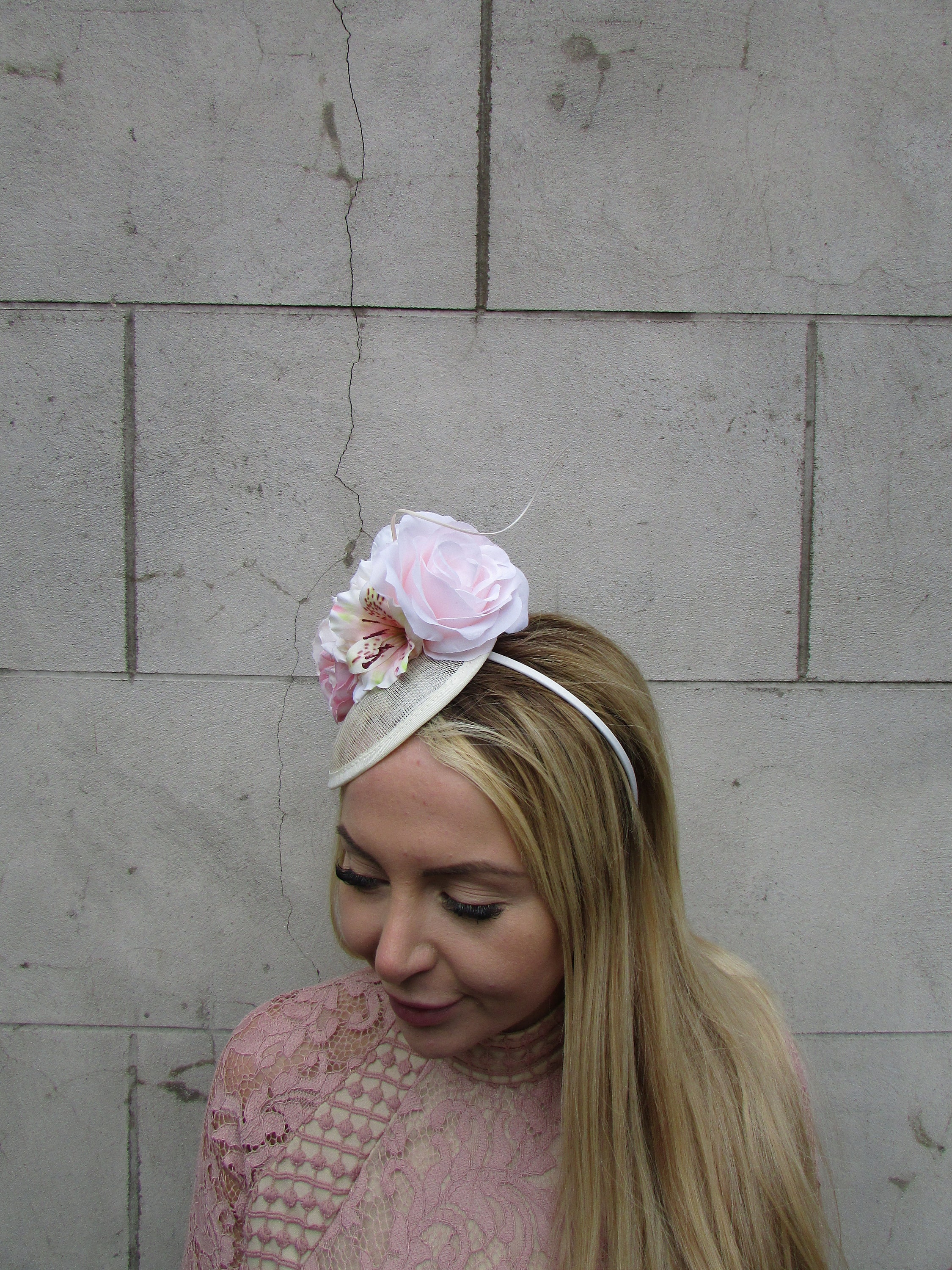 Blush Pink Floral Fascinator on Beige Sinamay Base Handmade one of a kind floral fascinator lace‑covered  main image 4