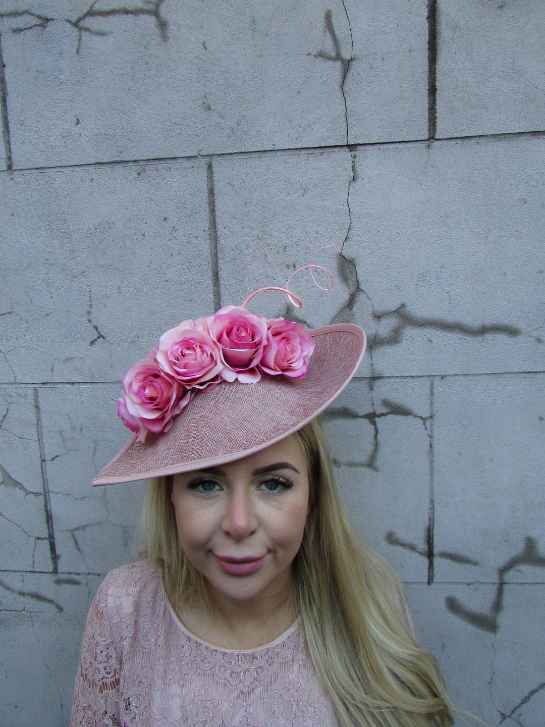 Large Nude Dusky Pink Rose Flower Feather Hat Fascinator Big Teardrop ...