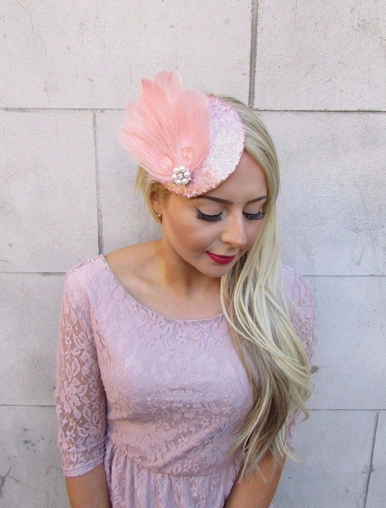 Rose Gold Blush Pink Cream Sequin Feather Fascinator Pillbox Hat Races Clip 4216