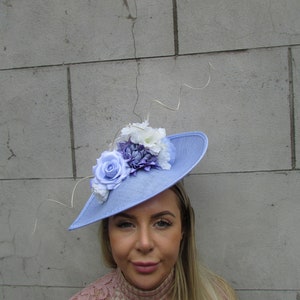 Large Cream Ivory Light Cornflower Blue Periwinkle Floral Flower Fascinator Hat Big Teardrop Wedding Races sh-296 image 1