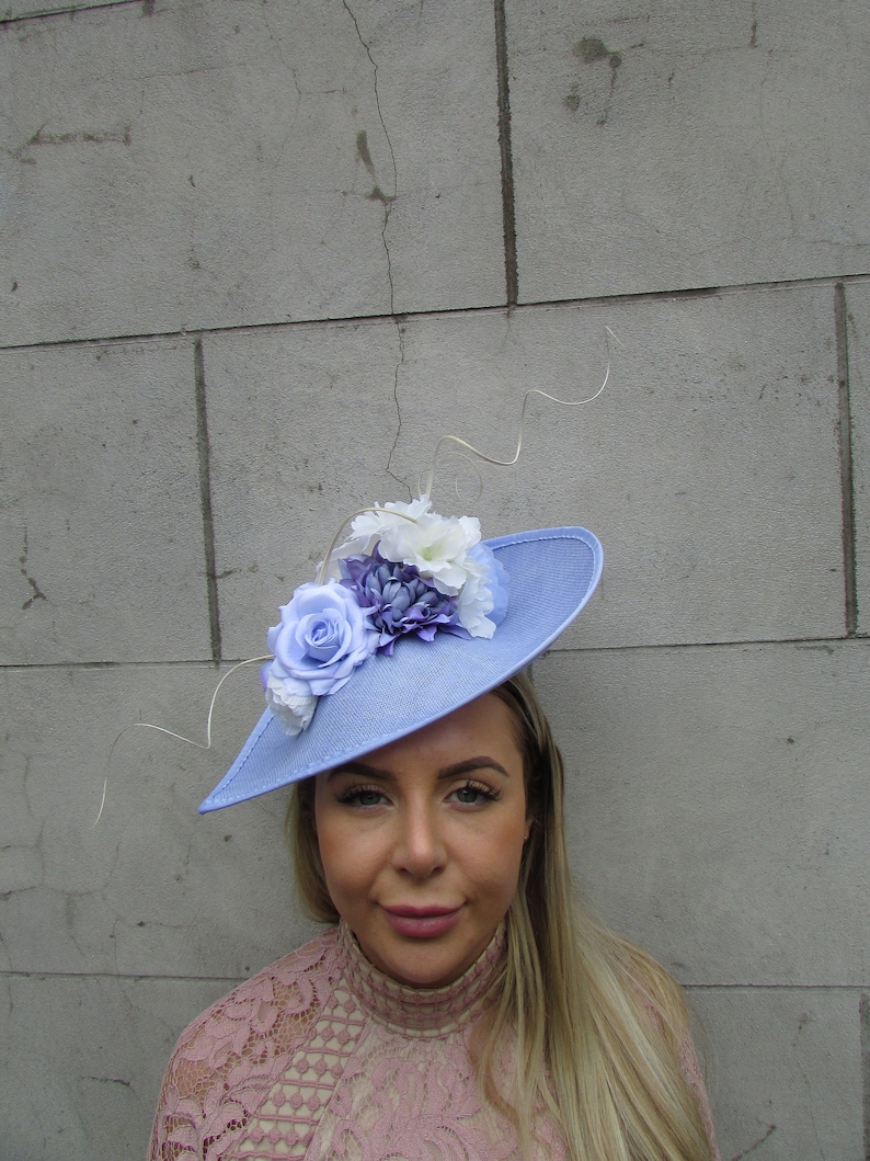 Large Cream Ivory Light Cornflower Blue Periwinkle Floral Flower Fascinator Hat Big Teardrop Wedding Races sh-296 image 1
