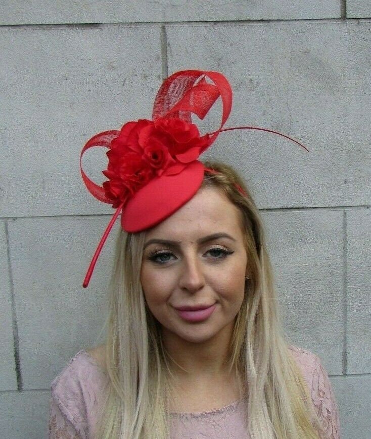 Bright Red Rose Flower Feather Hat 