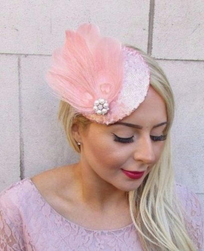 Rose Gold Blush Pink Cream Sequin Feather Fascinator Pillbox Hat Races Clip 4216