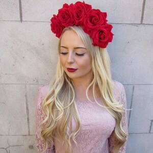 Large Red Rose Flower Sugar Skull Headband Big Hair Crown Day of the Dead sh-194 Halloween Headpiece Floral Garland image 2