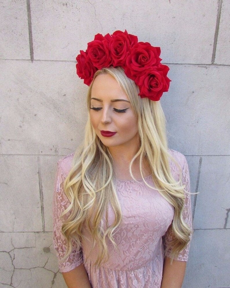 Large Red Rose Flower Sugar Skull Headband Big Hair Crown Day of the Dead sh-194 Halloween Headpiece Floral Garland image 2