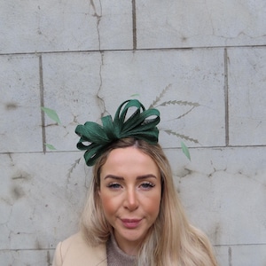 Bottle Green & Sage Feather Fascinator Headband Headpiece Races Wedding Guest Sinamay Ladies Day Modern Dark Green One off Piece - u12001