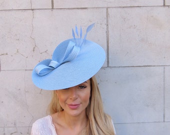 One off Piece Large Light Blue Feather Straw Style Hat Fascinator Wedding Guest Races Disc Headband Hatinator Big Pale Baby Blue u10505