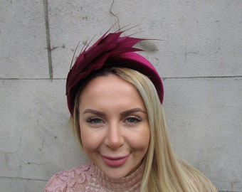 New Dark Burgundy Fascinator Wine Dark Red Feather Velvet Padded Headband Headpiece Halo Padded Hair Crown Races Wedding u1p