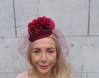 Burgundy & Pink Flower Feather Pillbox Hat Fascinator  display picture 1