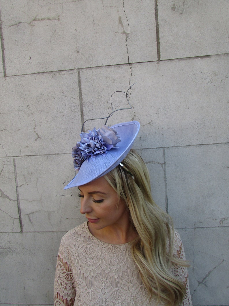 Large Light Cornflower Blue Periwinkle Bluebell Blue Grey Rose Floral Flower Fascinator Hat Big Teardrop Wedding Races sh-390 image 3