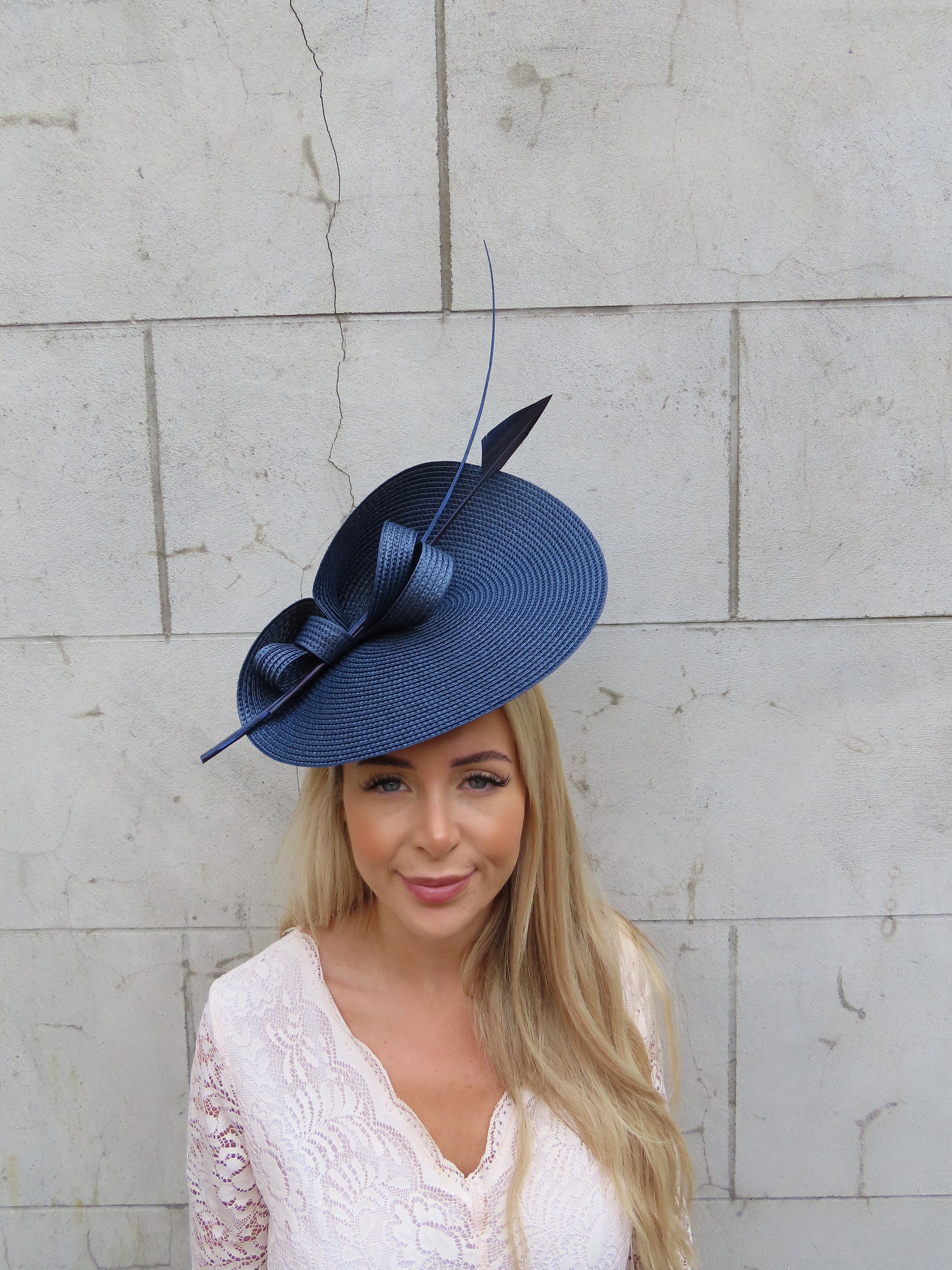 Large Navy Blue Feather Straw Hat Fascinator Wedding Guest  display picture 3