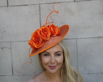 Large Burnt Orange Rose Flower Fascinator Hat Big Teardrop Tilted Floral Wedding Races Headband Hairband Burned Orange sh-365