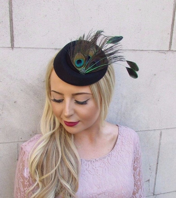 Black Green Peacock Feather Pillbox Hat Hair Fascinator Races Clip Vtg 40s 4033