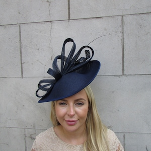 Large Navy Blue Feather Fascinator Hat Big Teardrop Wedding Mother of Bride Hatinator Formal Occasion Dark Navy u12007