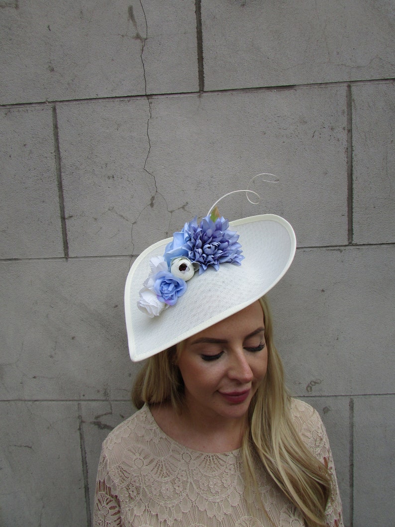 Large Cream Light Cornflower Blue Periwinkle Rose Floral Flower Fascinator Hat Big Teardrop Tilted Wedding Races sh-426 image 2