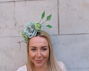 Green Flower Feather Fascinator Headband Races Wedding Olive & Light Sage Green Headpiece u10503