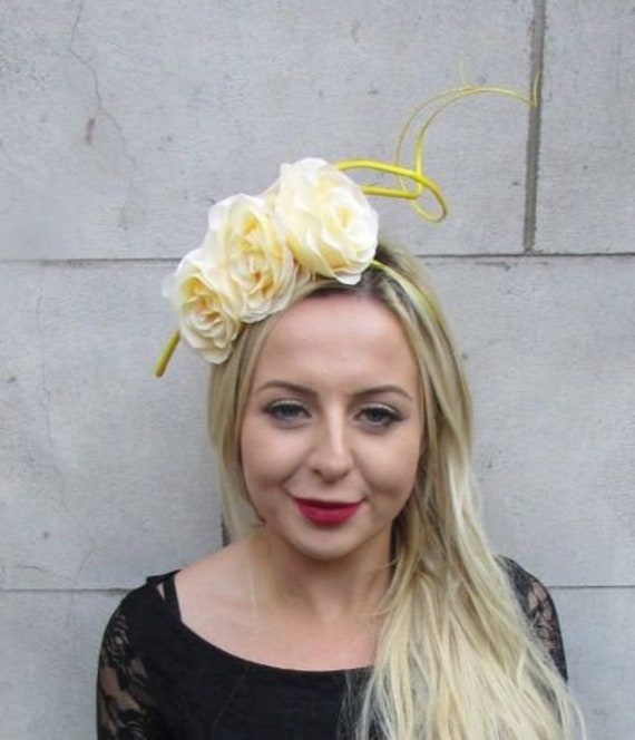 Lemon Light Yellow Statement Rose Flower Feather Fascinator  display picture 3