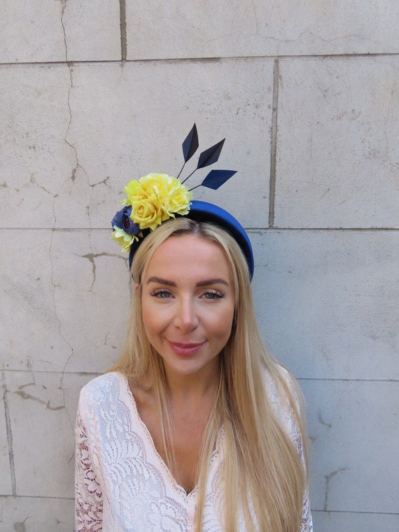 Navy Blue & Yellow Flower Velvet Padded Headband Fascinator  display picture 3