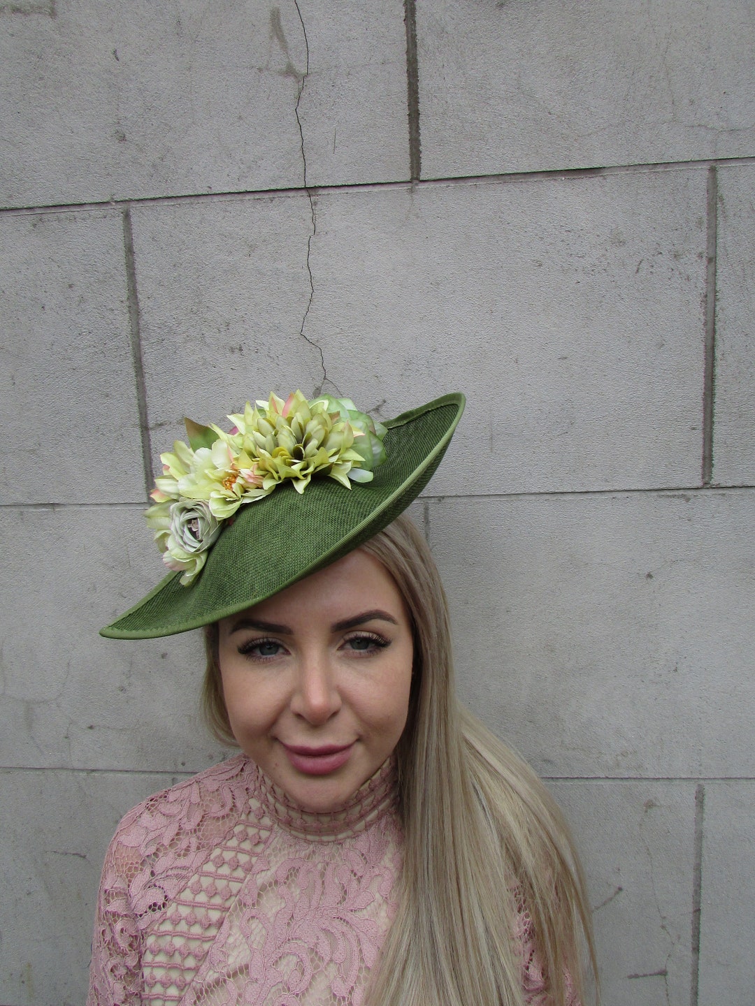 Large Olive Green Sage Chartreuse Lime Flower Fascinator Hat  display picture 3