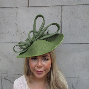 One off Piece -  Large Khaki Olive Green Teardrop Fascinator Hat Headband Hatinator Races Wedding Guest Hairband Sage Moss u12808