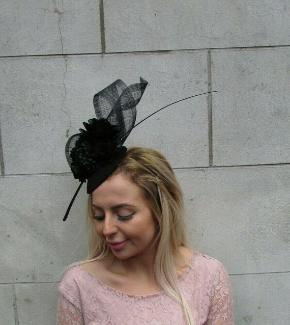 Black Rose Floral Flower Feather Hat 