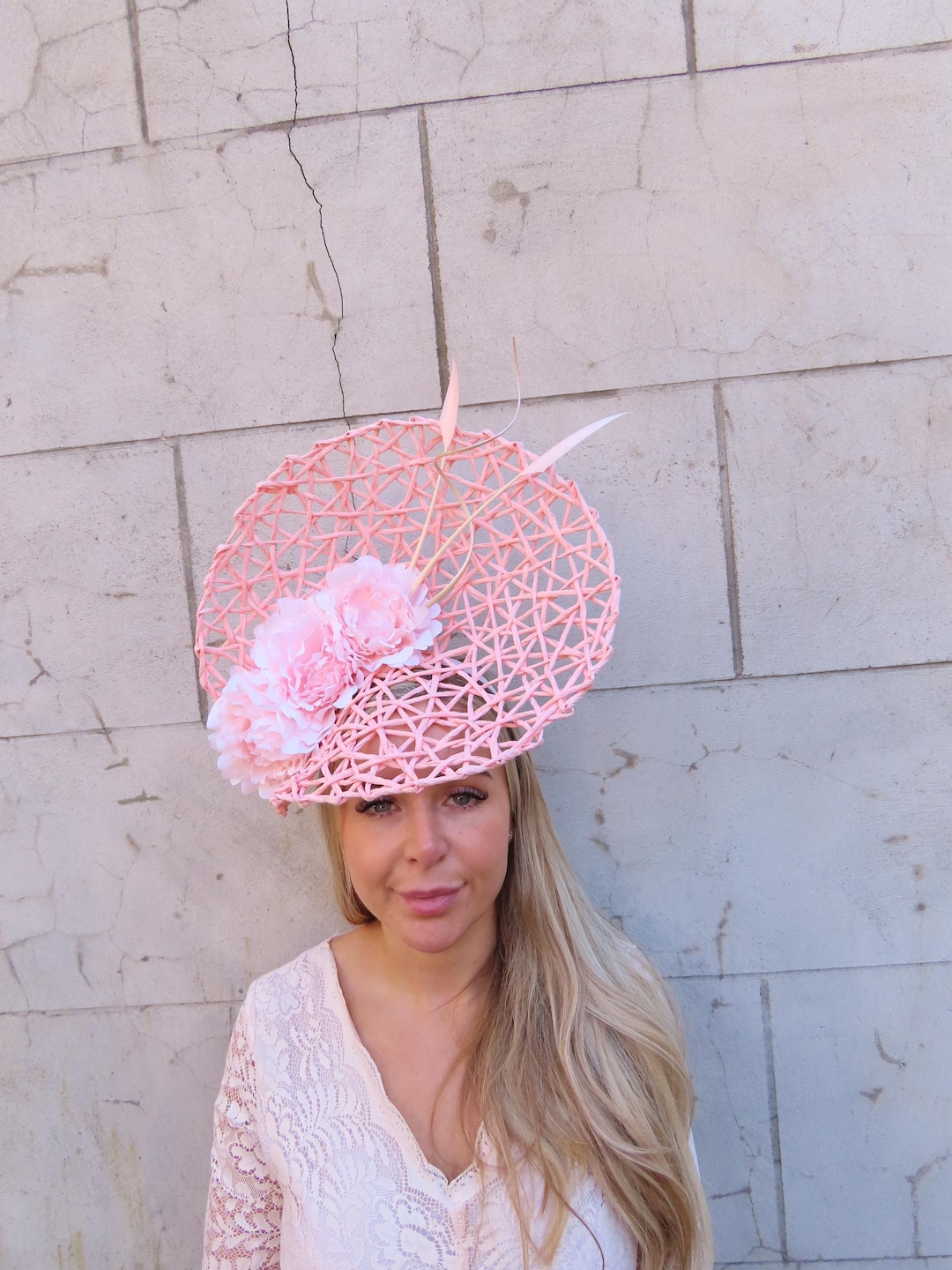 Large Blush Pink Flower Feather Straw Hat Fascinator Wedding Races Big ...