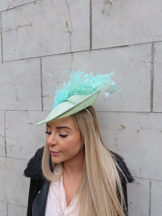 Large Mint Green Feather Fascinator Hat Teardrop Wedding 