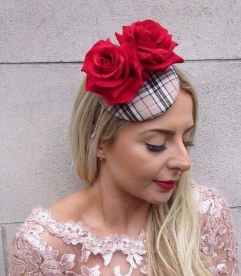 Beige Black Red Rose Tartan Plaid Flower Fascinator Hat Races Pillbox Hat 4572