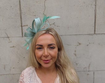 Mint & Sage Green Feather Fascinator Headband Sinamay One Off Piece - u10710