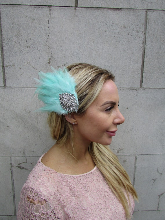 Mint Green Silver Feather Fascinator Headpiece Races Wedding Guest  Diamante Hair Clip 03xx