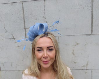 Light Cornflower Blue Fascinator Headband Feather Headpiece Races Wedding Guest Sinamay