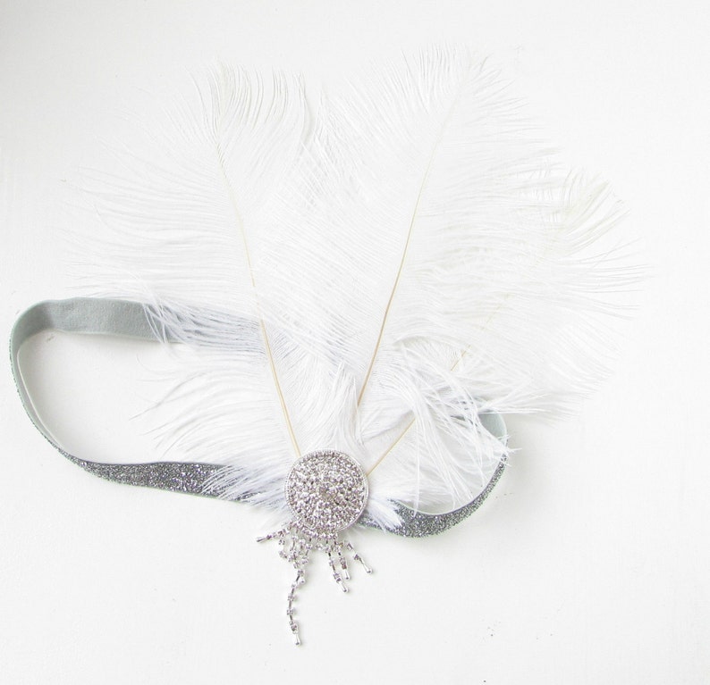 White Silver Ostrich Feather Headpiece Great Gatsby Flapper | Etsy