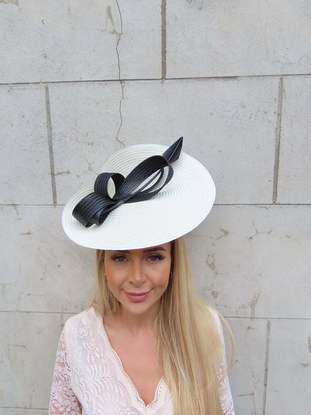 One off Piece Large Black & Cream Feather Straw Style Hat Fascinator ...