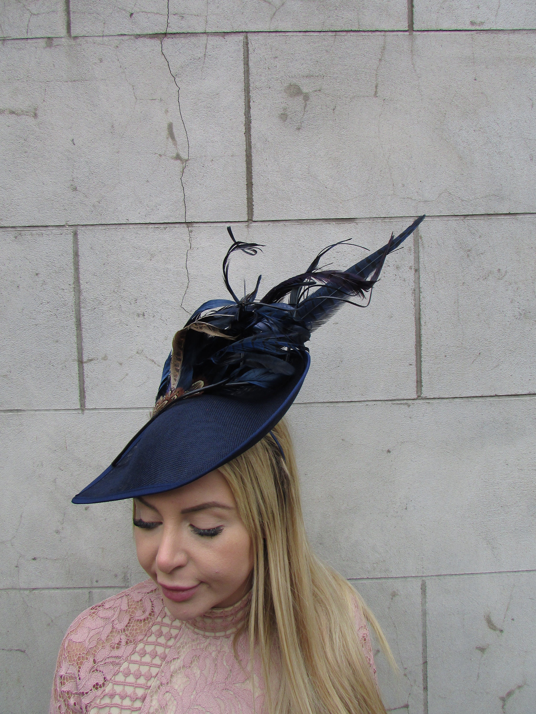Large Navy Blue Brown Pheasant Feather Fascinator Hat Big 