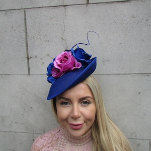 Royal Blue Fuchsia Pink Magenta Feather Flower Disc Saucer Hat Fascinator Wedding Races Headpiece Cobalt Hot Pink Hatinator Floral sh-505uu