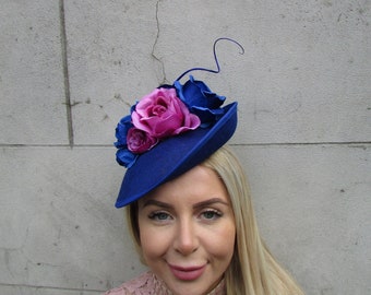 Royal Blue Fuchsia Pink Magenta Feather Flower Disc Saucer Hat Fascinator Wedding Races Headpiece Cobalt Hot Pink Hatinator Floral sh-505uu
