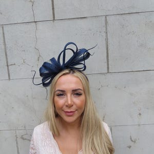 Navy Blue Feather Sinamay Headband Headpiece Races Wedding Guest Hairband Ladies Day Modern One off Piece - u12406