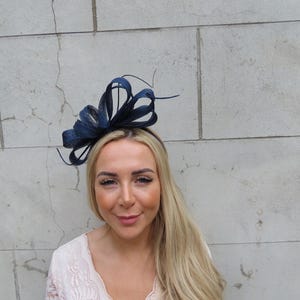 Navy Blue Feather Sinamay Headband Headpiece Races Wedding Guest Hairband Ladies Day Modern One off Piece - u12406