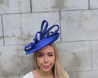 Large Royal Blue Sinamay Hat Fascinator Disc Wedding Hatinator Races u11112
