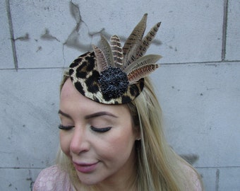 Black Brown Leopard Print Pheasant Feather Fascinator Pillbox Races Hat Hair Clips Headpiece Wedding Ladies Day sh-569