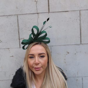 Bottle Green Feather Fascinator Headband Headpiece Races Wedding Guest Sinamay Ladies Day Modern Dark Green One off Piece - u11802