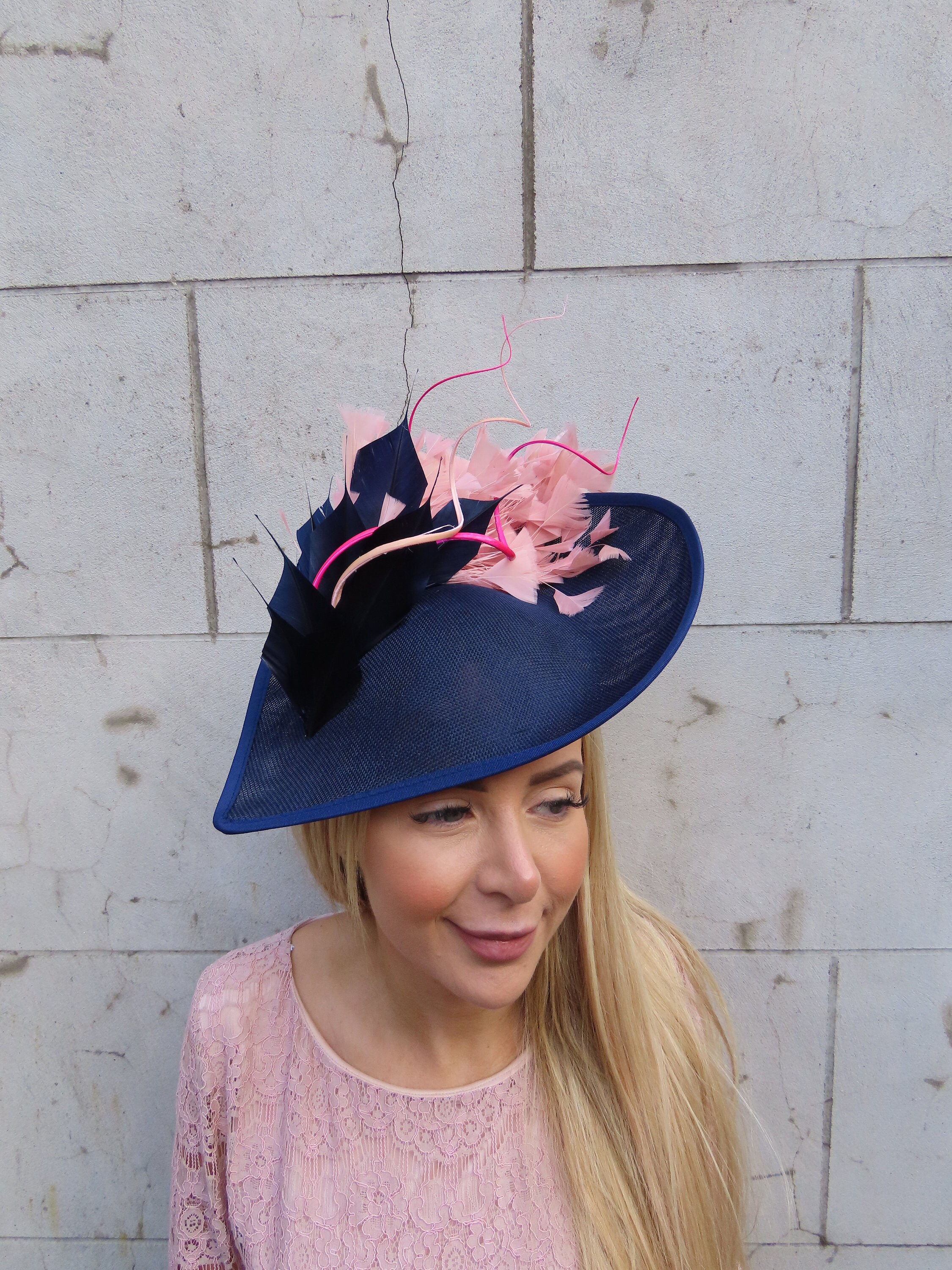 Large Navy Blue Dusky Pink Hot Pink Feather Fascinator Hat Big Teardrop ...
