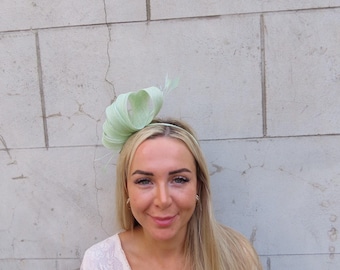 Mint Green Feather Fascinator Headband Wedding Guest Headpiece Races Sinamay Light Green One off Piece - u11508