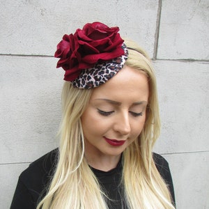 Burgundy Leopard Animal Print Rose Flower Fascinator Hat Headpiece Wine Red Beige Black races sh-521