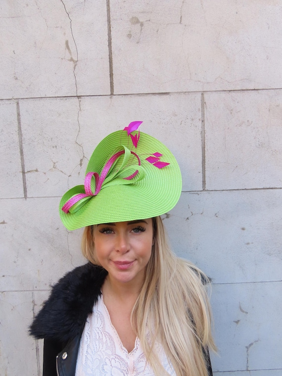 Large Lime Green & Hot Pink Hat Fascinator Wedding Guest  display picture 2
