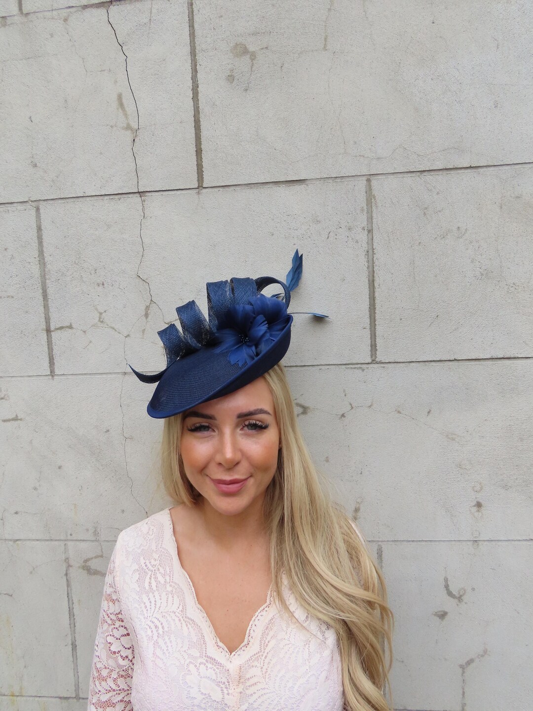 Navy Blue Disc Feather Flower Fascinator Hat Races Hatinator Wedding ...