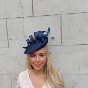 Large Navy Blue Disc Feather Flower Fascinator Hat Races Hatinator Wedding Guest Hairband Headband Headpiece Statement Ascot u12406
